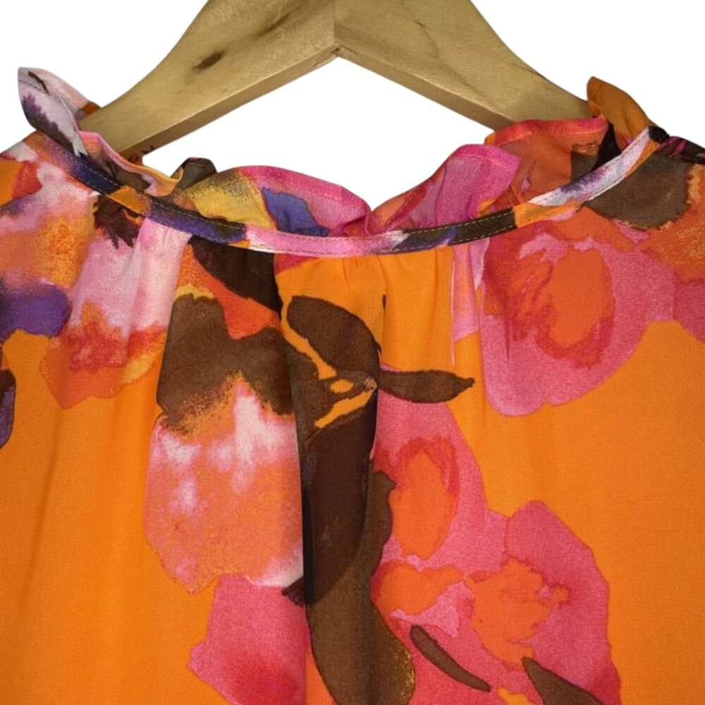 Bar III Vibrant Orange Floral Boho Tie Neck Peasant Blouse Size Medium - Picture 8 of 13